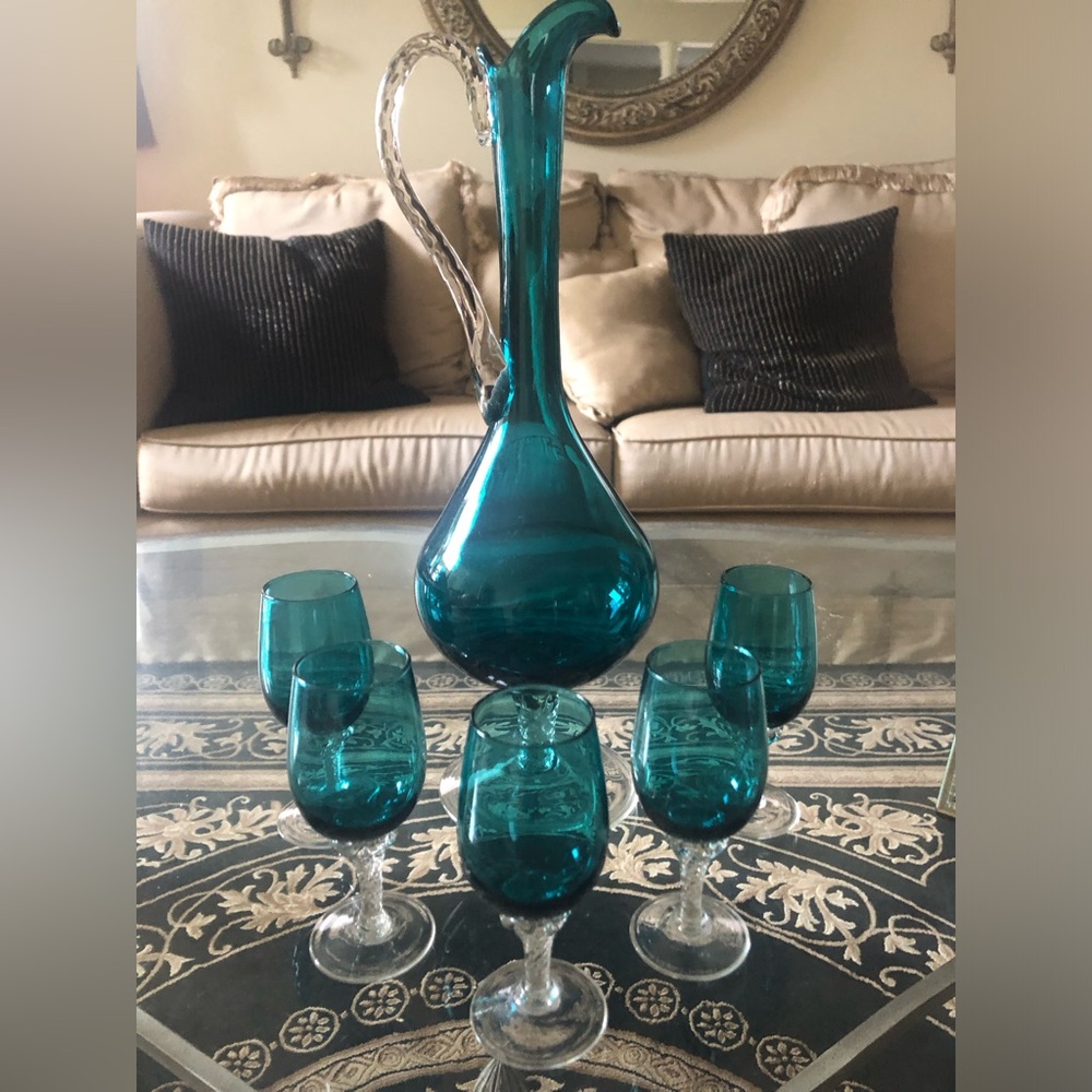 Rare Teal Empoli Decanter and Cordial Glasses